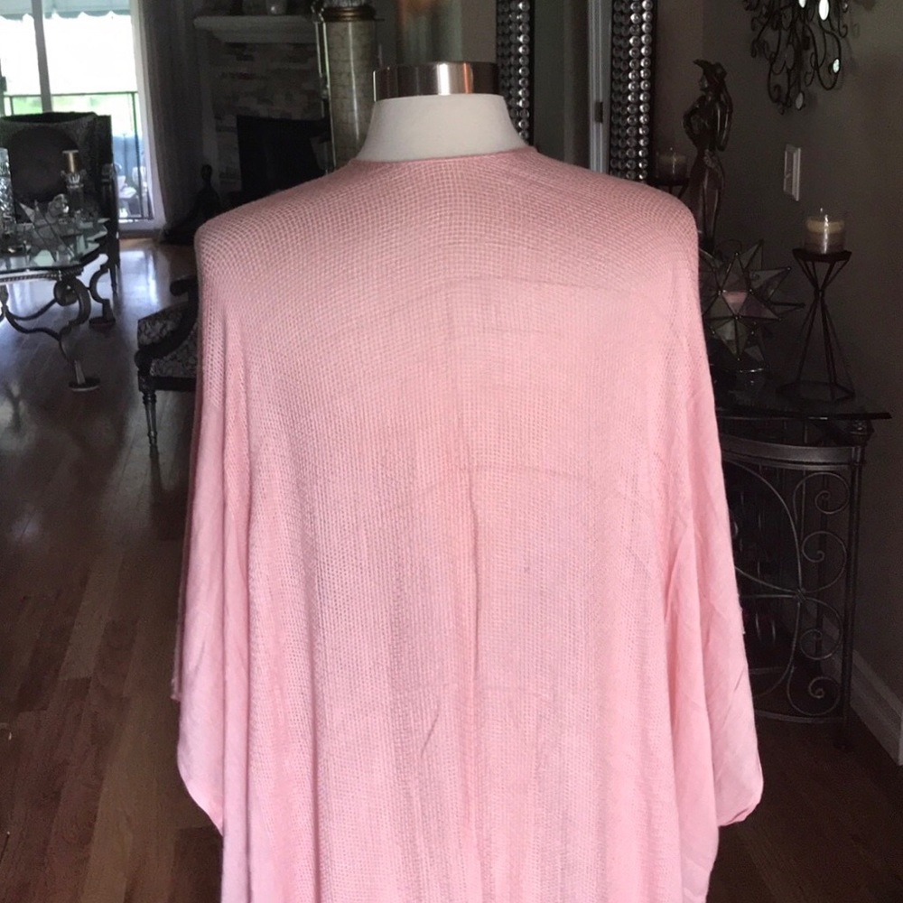 Blush Open Grid Frayed Trim Arm Hole Kimono - Picture 6 of 8